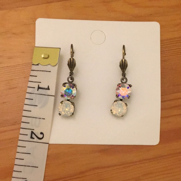Antique Brass Aurora Borealis + White Opal Crystal Drop Earrings - Picture 5 of 5
